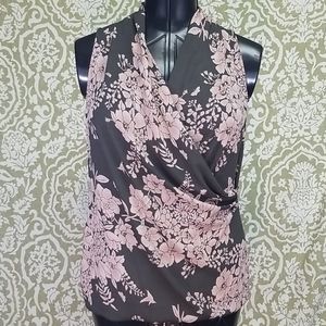 CAbi Draped Pink Grey Floral Top Wrap Sz S